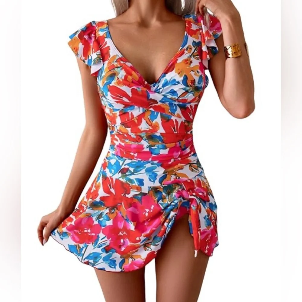 Floral V-Neck One-Piece Swimdress in Pink & Blue - Picture 1 of 7
